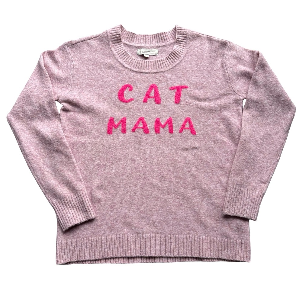 Loft Sweater Size S Pink Oversized Cat Mama Soft & Stretchy Crew Neck Pullover